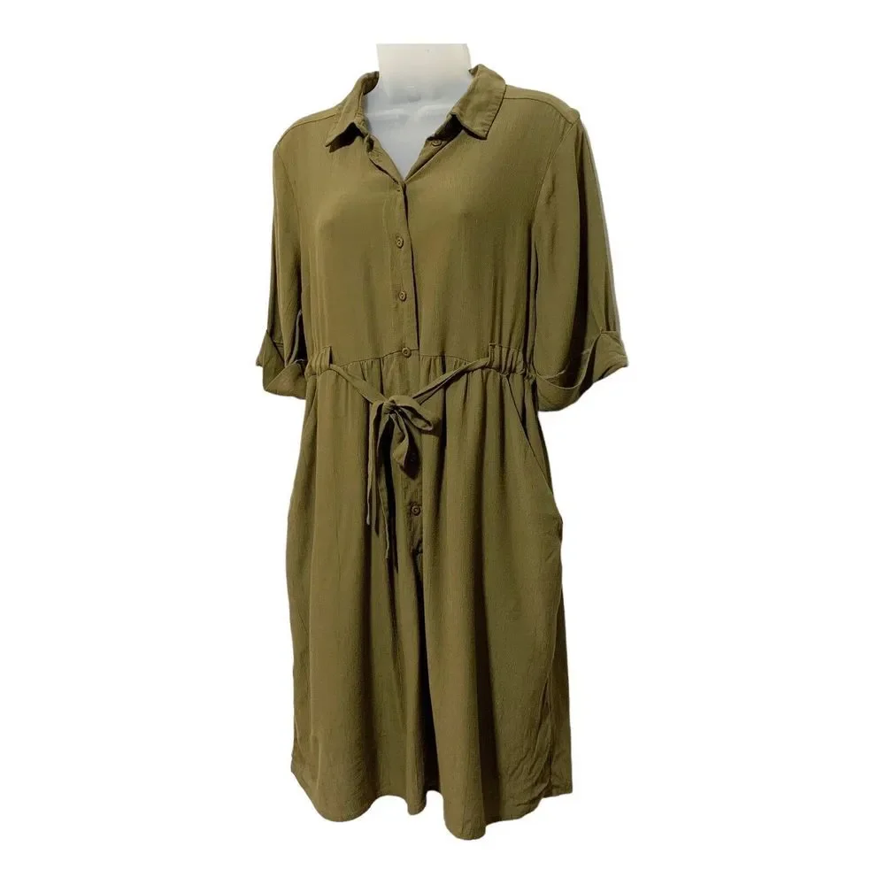 ASOS Womens Dress Olive Green Short Sleeve Tie Waist Button Front Size 8 - Picture 2 of 12